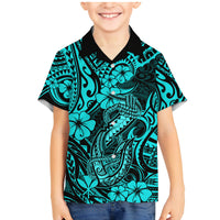Hawaii Fish Hook Family Matching Mermaid Dress and Hawaiian Shirt Hibiscus Hawaii Tribal Tattoo Turquoise Version - Wonder Print Shop