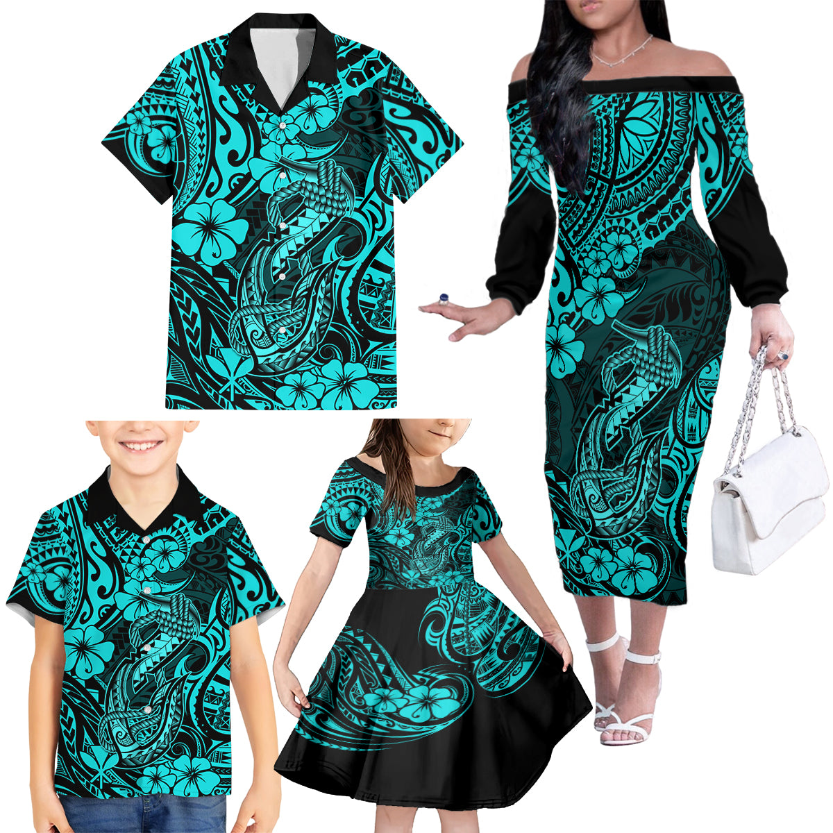 Hawaii Fish Hook Family Matching Off Shoulder Long Sleeve Dress and Hawaiian Shirt Hibiscus Hawaii Tribal Tattoo Turquoise Version - Wonder Print Shop