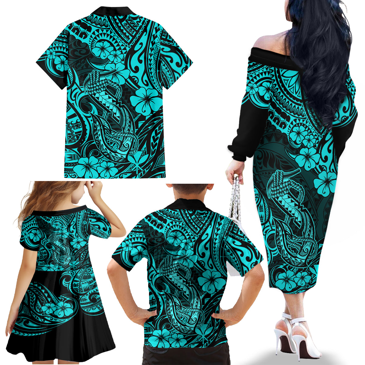 Hawaii Fish Hook Family Matching Off Shoulder Long Sleeve Dress and Hawaiian Shirt Hibiscus Hawaii Tribal Tattoo Turquoise Version - Wonder Print Shop