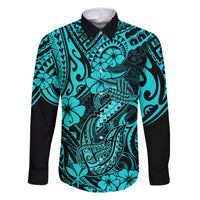 Hawaii Fish Hook Family Matching Off Shoulder Long Sleeve Dress and Hawaiian Shirt Hibiscus Hawaii Tribal Tattoo Turquoise Version - Wonder Print Shop