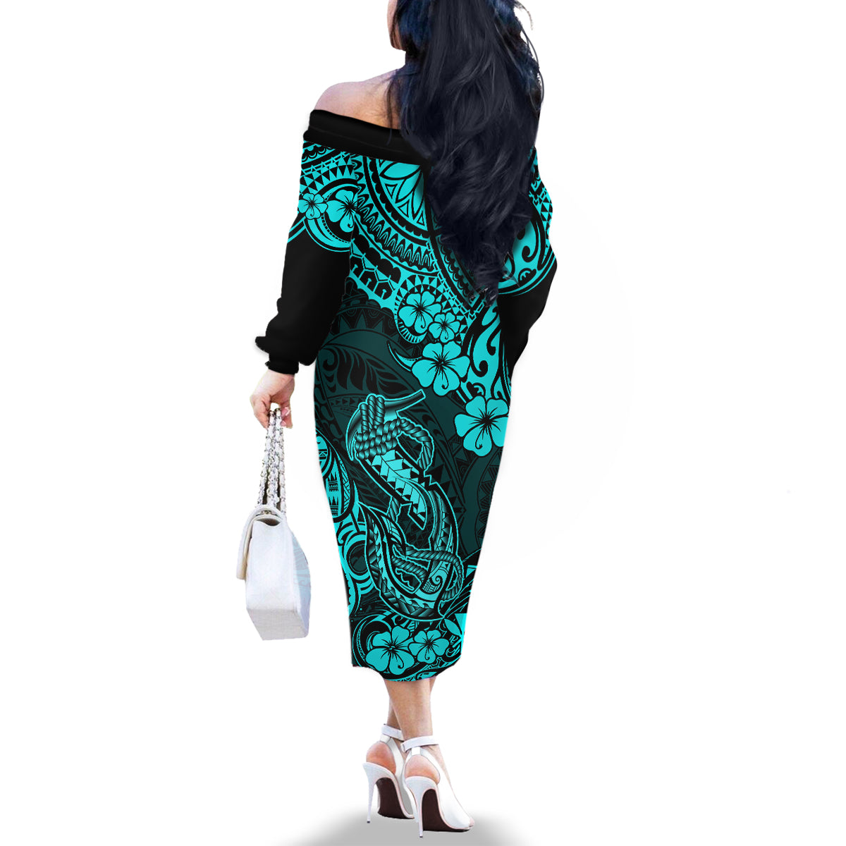 Hawaii Fish Hook Family Matching Off Shoulder Long Sleeve Dress and Hawaiian Shirt Hibiscus Hawaii Tribal Tattoo Turquoise Version - Wonder Print Shop