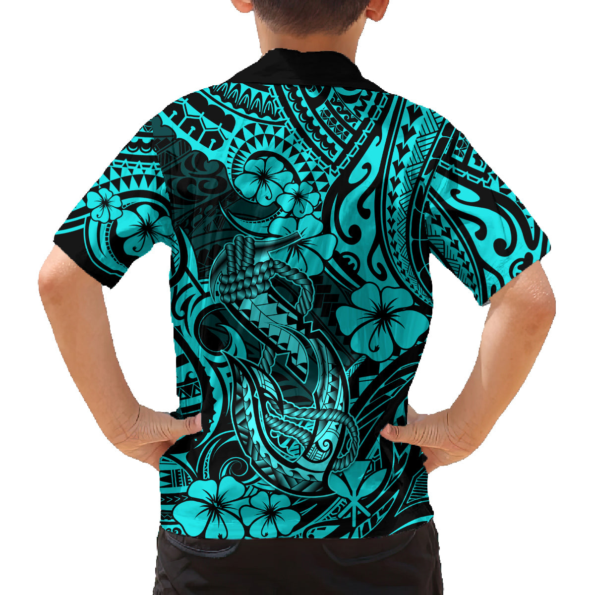 Hawaii Fish Hook Family Matching Off Shoulder Maxi Dress and Hawaiian Shirt Hibiscus Hawaii Tribal Tattoo Turquoise Version - Wonder Print Shop