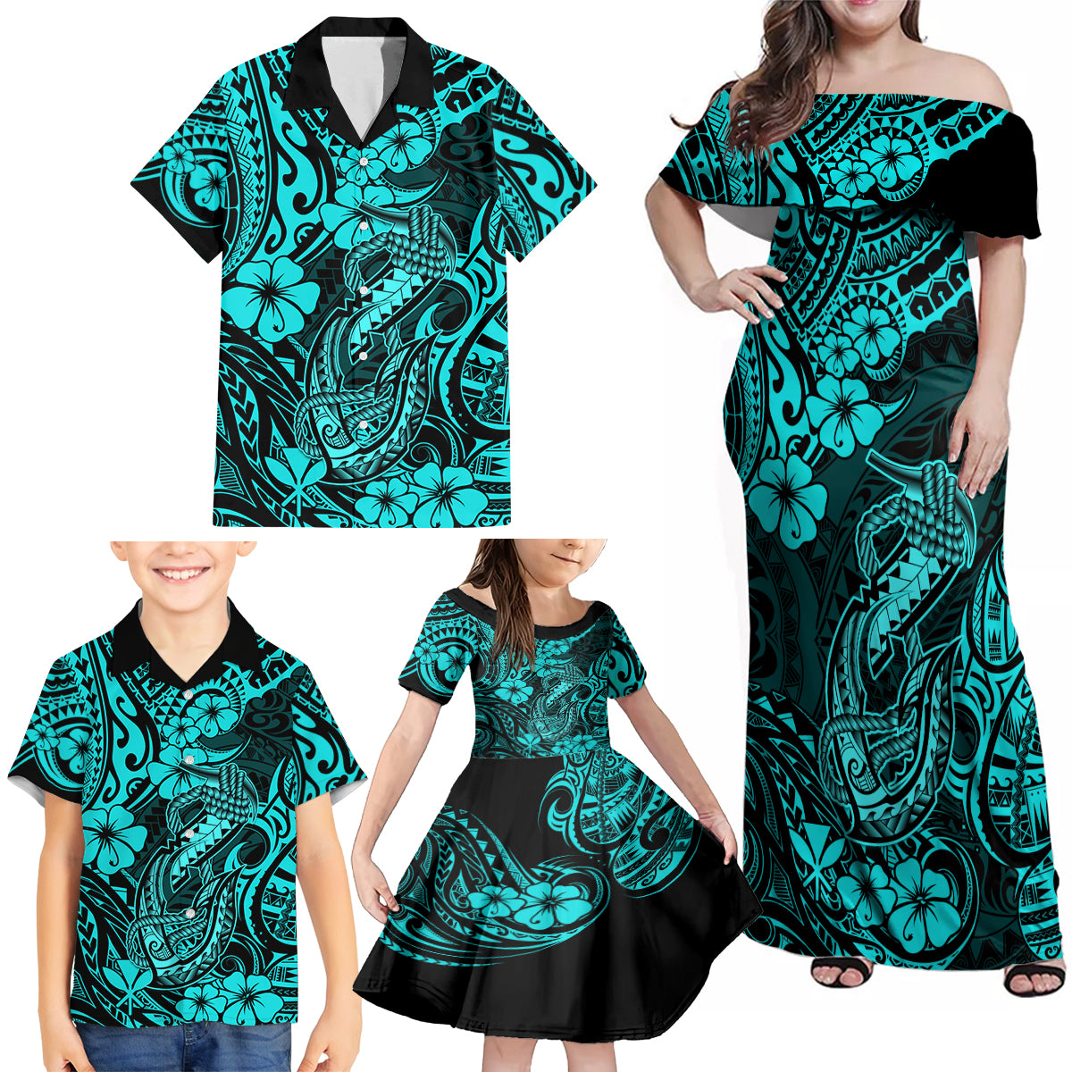 Hawaii Fish Hook Family Matching Off Shoulder Maxi Dress and Hawaiian Shirt Hibiscus Hawaii Tribal Tattoo Turquoise Version - Wonder Print Shop