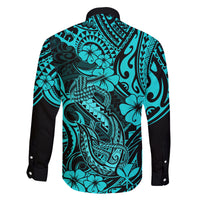 Hawaii Fish Hook Family Matching Off Shoulder Maxi Dress and Hawaiian Shirt Hibiscus Hawaii Tribal Tattoo Turquoise Version - Wonder Print Shop
