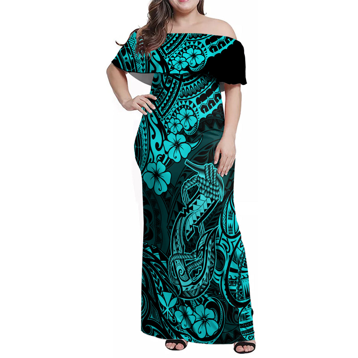 Hawaii Fish Hook Family Matching Off Shoulder Maxi Dress and Hawaiian Shirt Hibiscus Hawaii Tribal Tattoo Turquoise Version - Wonder Print Shop