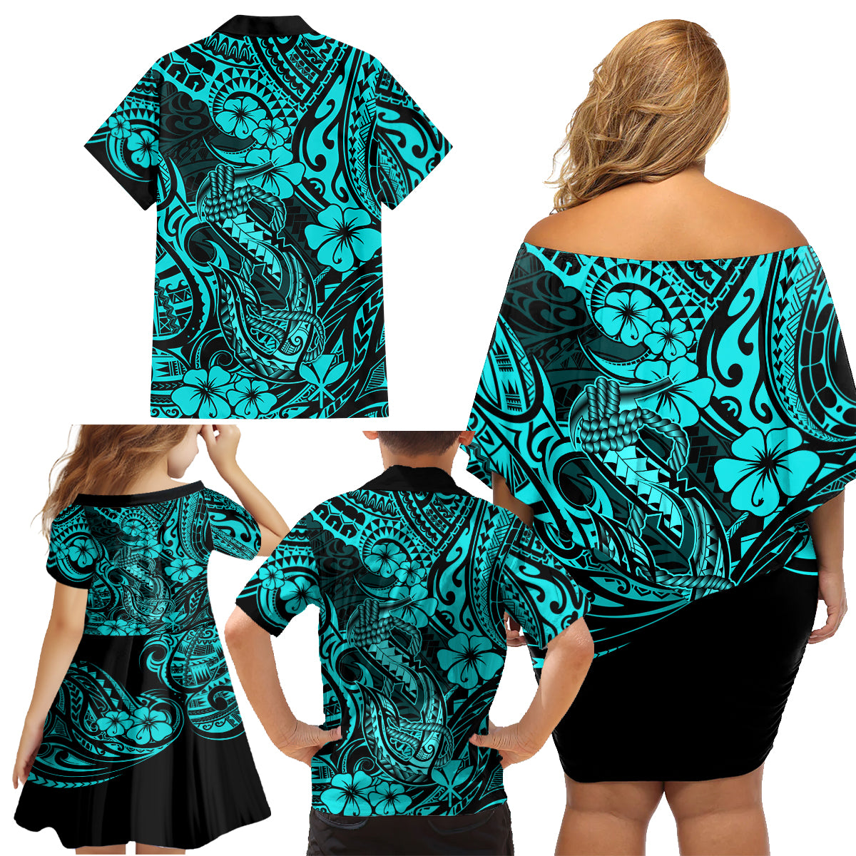Hawaii Fish Hook Family Matching Off Shoulder Short Dress and Hawaiian Shirt Hibiscus Hawaii Tribal Tattoo Turquoise Version - Wonder Print Shop