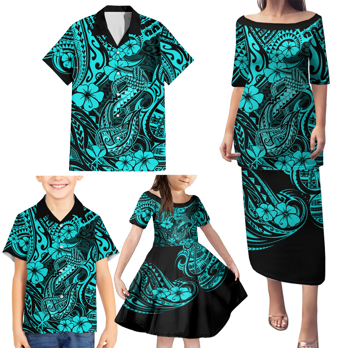 Hawaii Fish Hook Family Matching Puletasi Dress and Hawaiian Shirt Hibiscus Hawaii Tribal Tattoo Turquoise Version - Wonder Print Shop