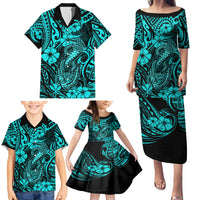 Hawaii Fish Hook Family Matching Puletasi Dress and Hawaiian Shirt Hibiscus Hawaii Tribal Tattoo Turquoise Version - Wonder Print Shop