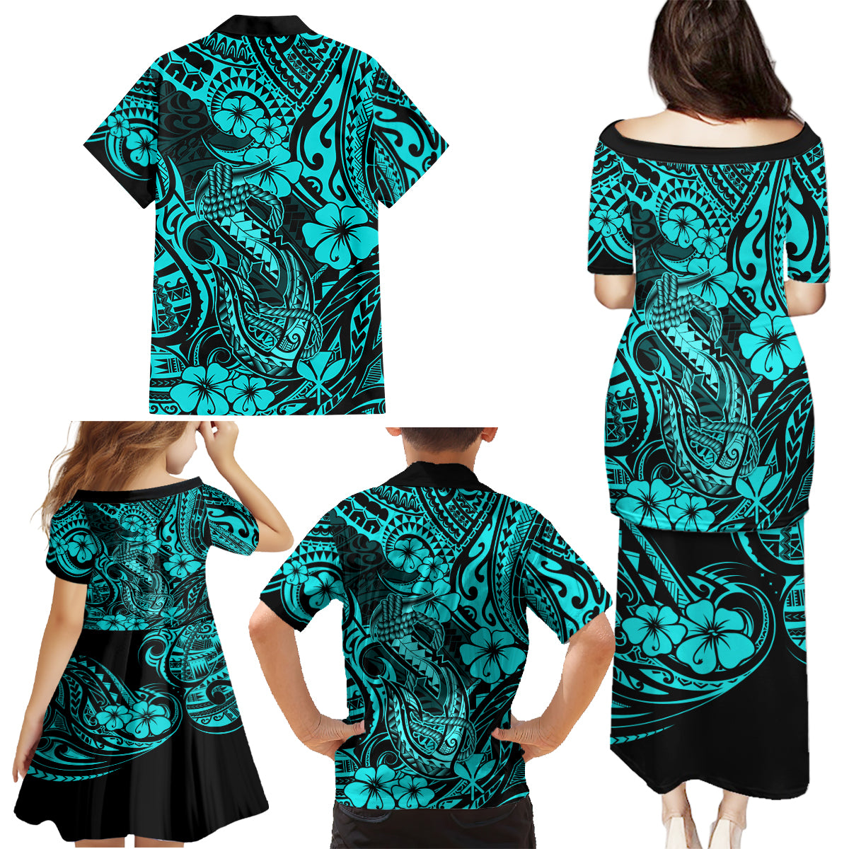Hawaii Fish Hook Family Matching Puletasi Dress and Hawaiian Shirt Hibiscus Hawaii Tribal Tattoo Turquoise Version - Wonder Print Shop
