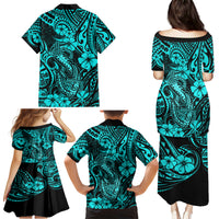 Hawaii Fish Hook Family Matching Puletasi Dress and Hawaiian Shirt Hibiscus Hawaii Tribal Tattoo Turquoise Version - Wonder Print Shop