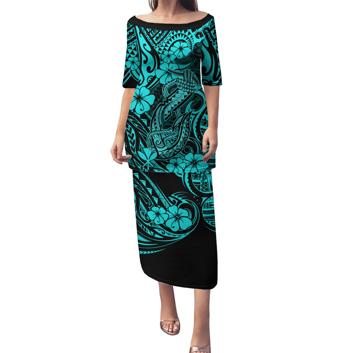 Hawaii Fish Hook Family Matching Puletasi Dress and Hawaiian Shirt Hibiscus Hawaii Tribal Tattoo Turquoise Version - Wonder Print Shop