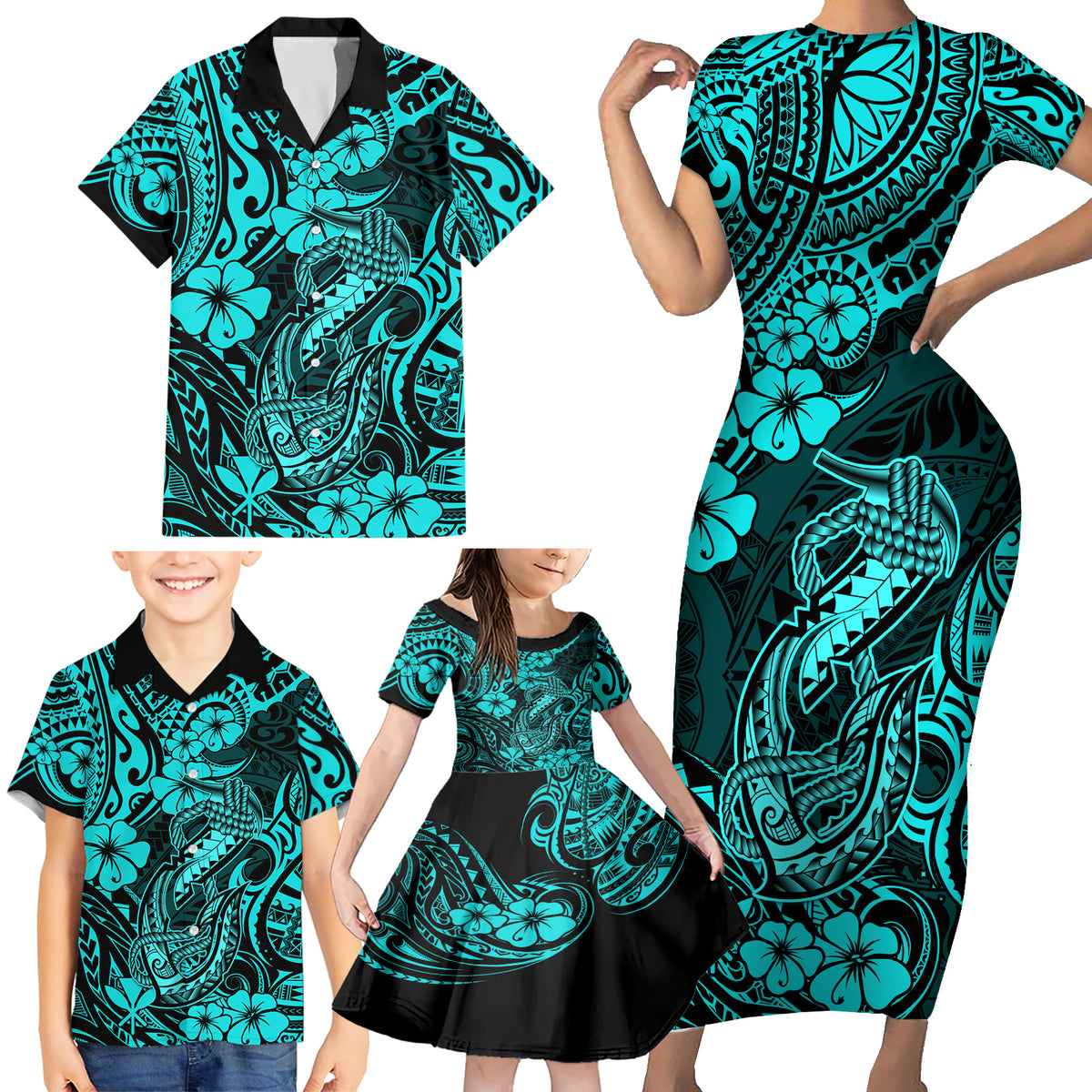 Hawaii Fish Hook Family Matching Short Sleeve Bodycon Dress and Hawaiian Shirt Hibiscus Hawaii Tribal Tattoo Turquoise Version - Wonder Print Shop