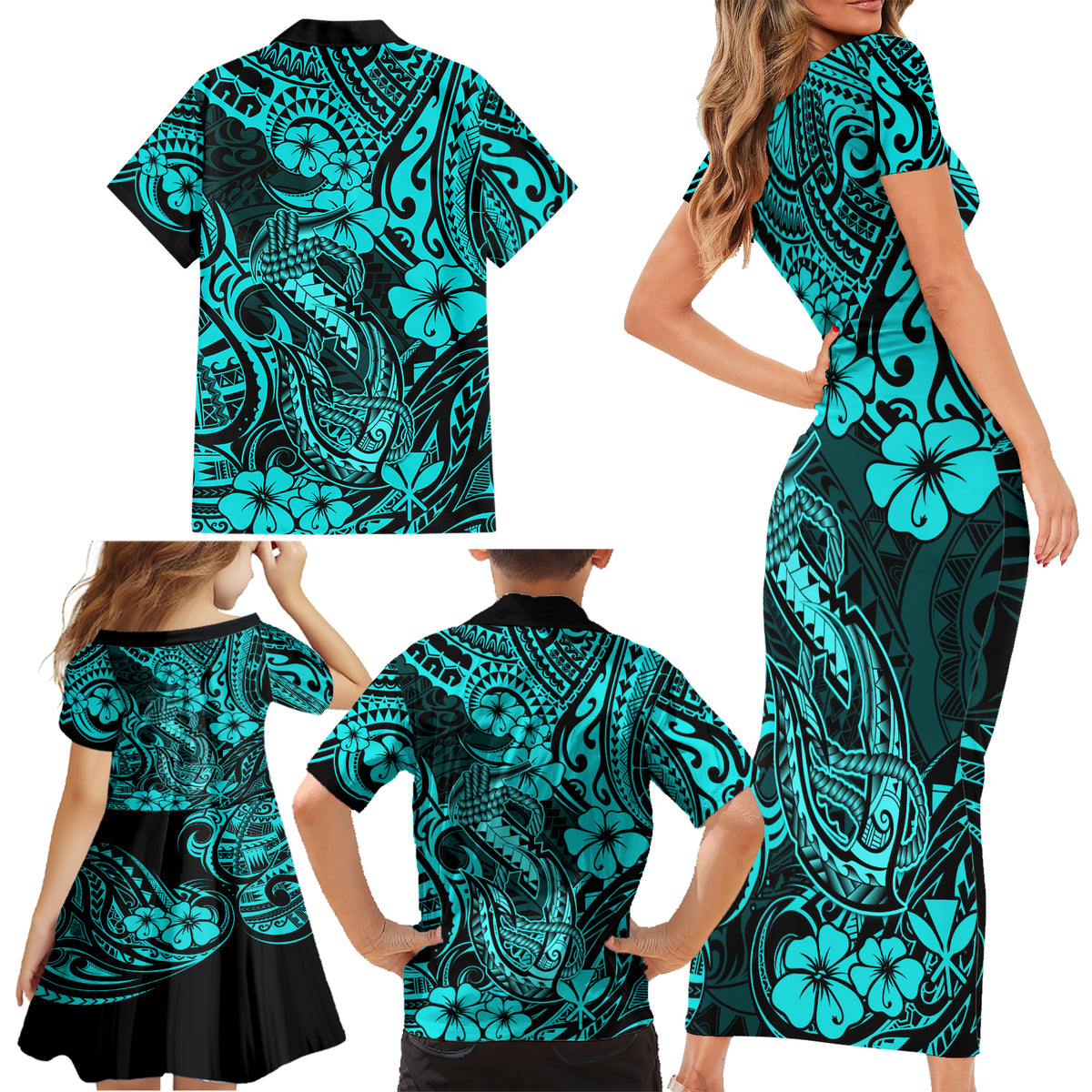Hawaii Fish Hook Family Matching Short Sleeve Bodycon Dress and Hawaiian Shirt Hibiscus Hawaii Tribal Tattoo Turquoise Version - Wonder Print Shop