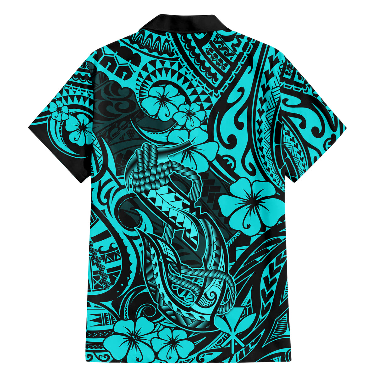Hawaii Fish Hook Family Matching Short Sleeve Bodycon Dress and Hawaiian Shirt Hibiscus Hawaii Tribal Tattoo Turquoise Version - Wonder Print Shop