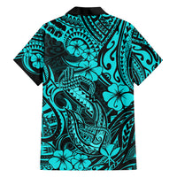 Hawaii Fish Hook Family Matching Short Sleeve Bodycon Dress and Hawaiian Shirt Hibiscus Hawaii Tribal Tattoo Turquoise Version - Wonder Print Shop