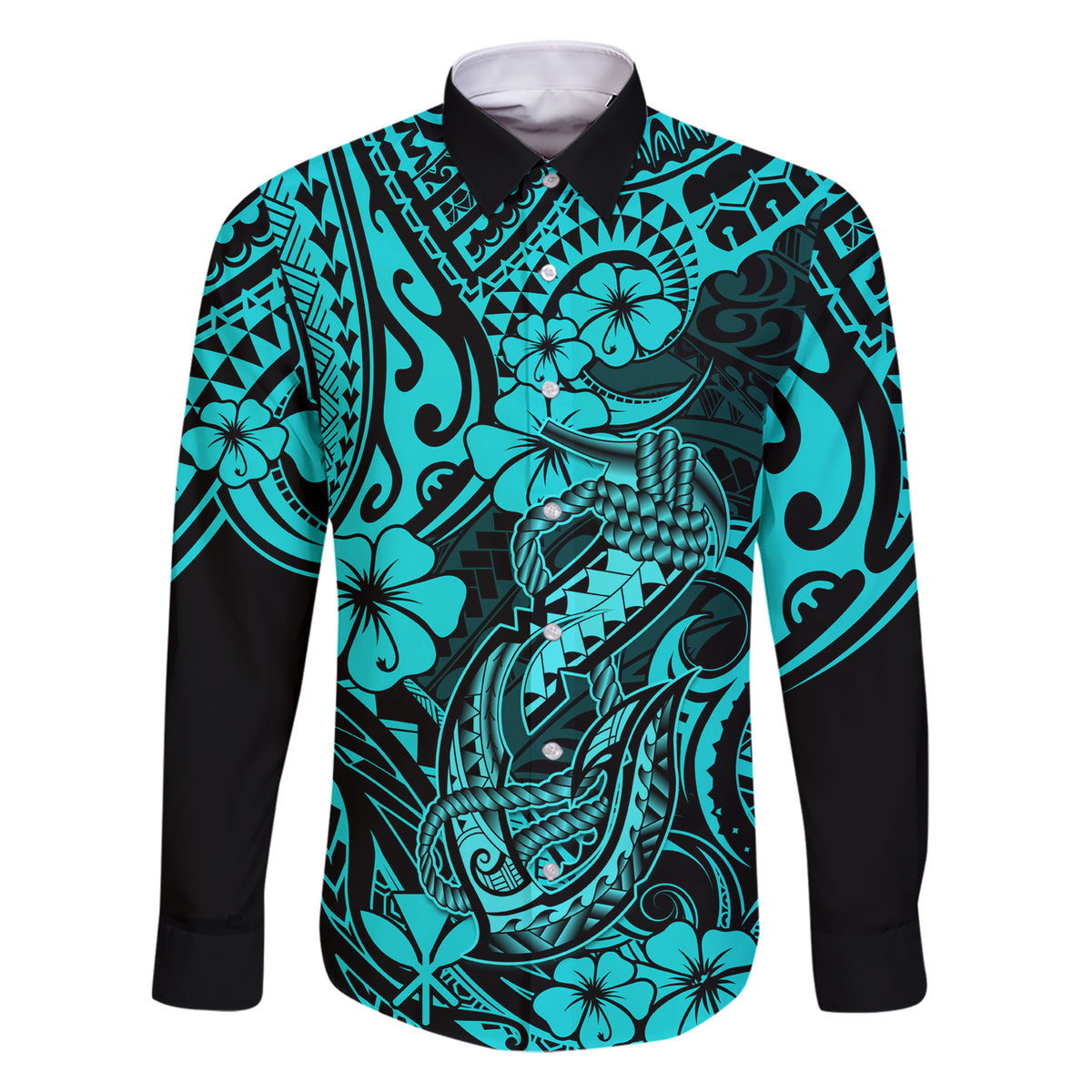 Hawaii Fish Hook Family Matching Short Sleeve Bodycon Dress and Hawaiian Shirt Hibiscus Hawaii Tribal Tattoo Turquoise Version - Wonder Print Shop