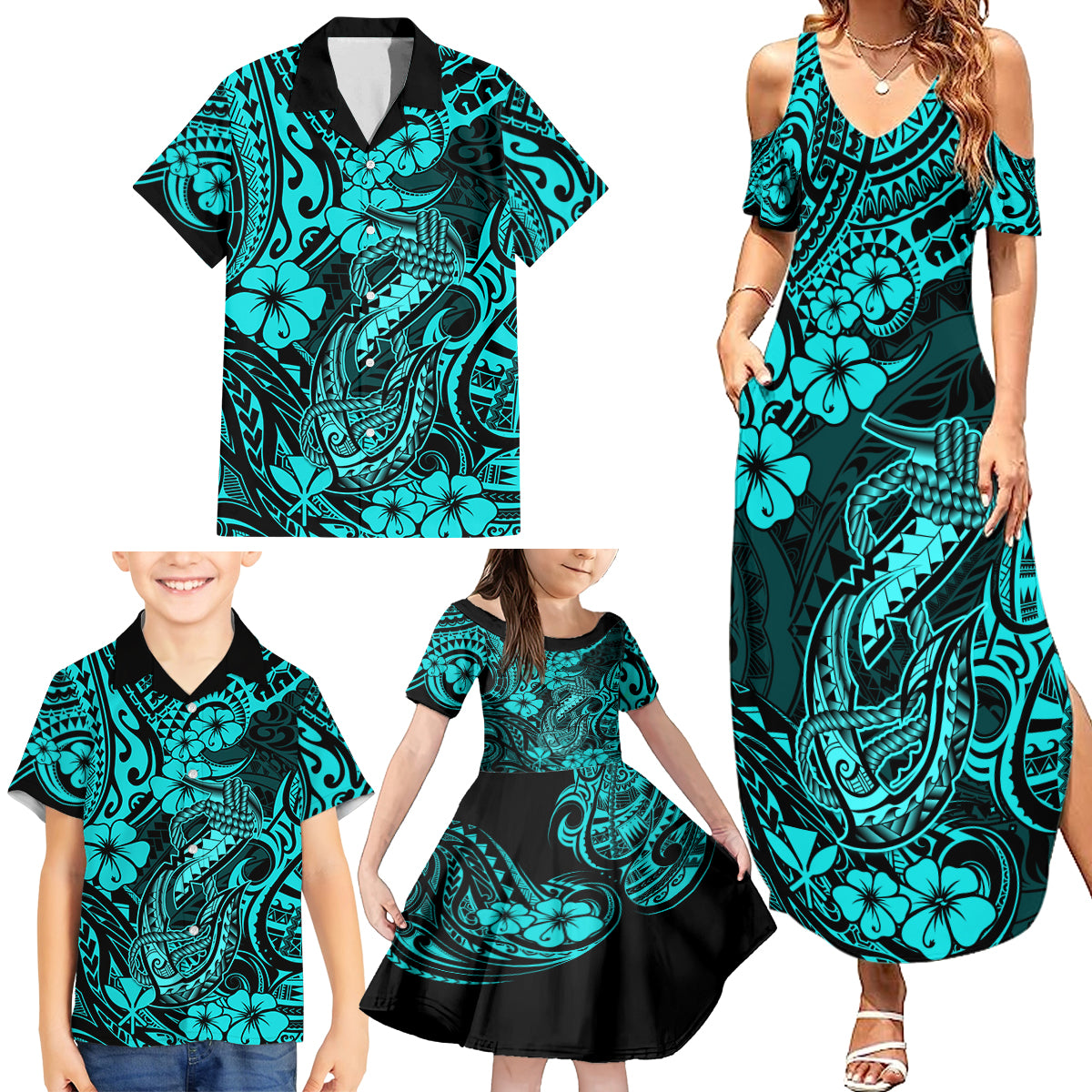 Hawaii Fish Hook Family Matching Summer Maxi Dress and Hawaiian Shirt Hibiscus Hawaii Tribal Tattoo Turquoise Version - Wonder Print Shop