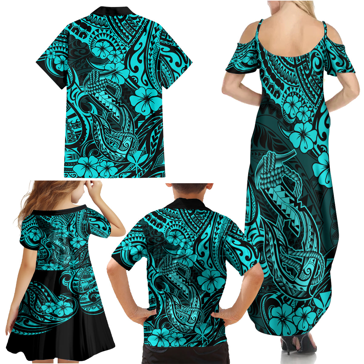 Hawaii Fish Hook Family Matching Summer Maxi Dress and Hawaiian Shirt Hibiscus Hawaii Tribal Tattoo Turquoise Version - Wonder Print Shop