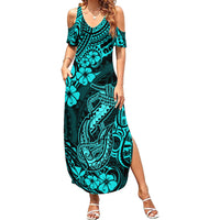 Hawaii Fish Hook Family Matching Summer Maxi Dress and Hawaiian Shirt Hibiscus Hawaii Tribal Tattoo Turquoise Version - Wonder Print Shop