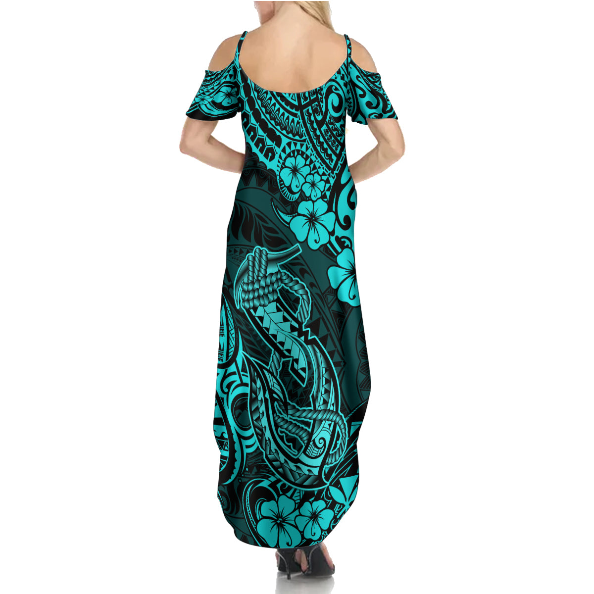 Hawaii Fish Hook Family Matching Summer Maxi Dress and Hawaiian Shirt Hibiscus Hawaii Tribal Tattoo Turquoise Version - Wonder Print Shop
