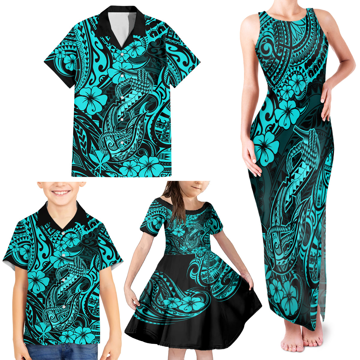 Hawaii Fish Hook Family Matching Tank Maxi Dress and Hawaiian Shirt Hibiscus Hawaii Tribal Tattoo Turquoise Version - Wonder Print Shop