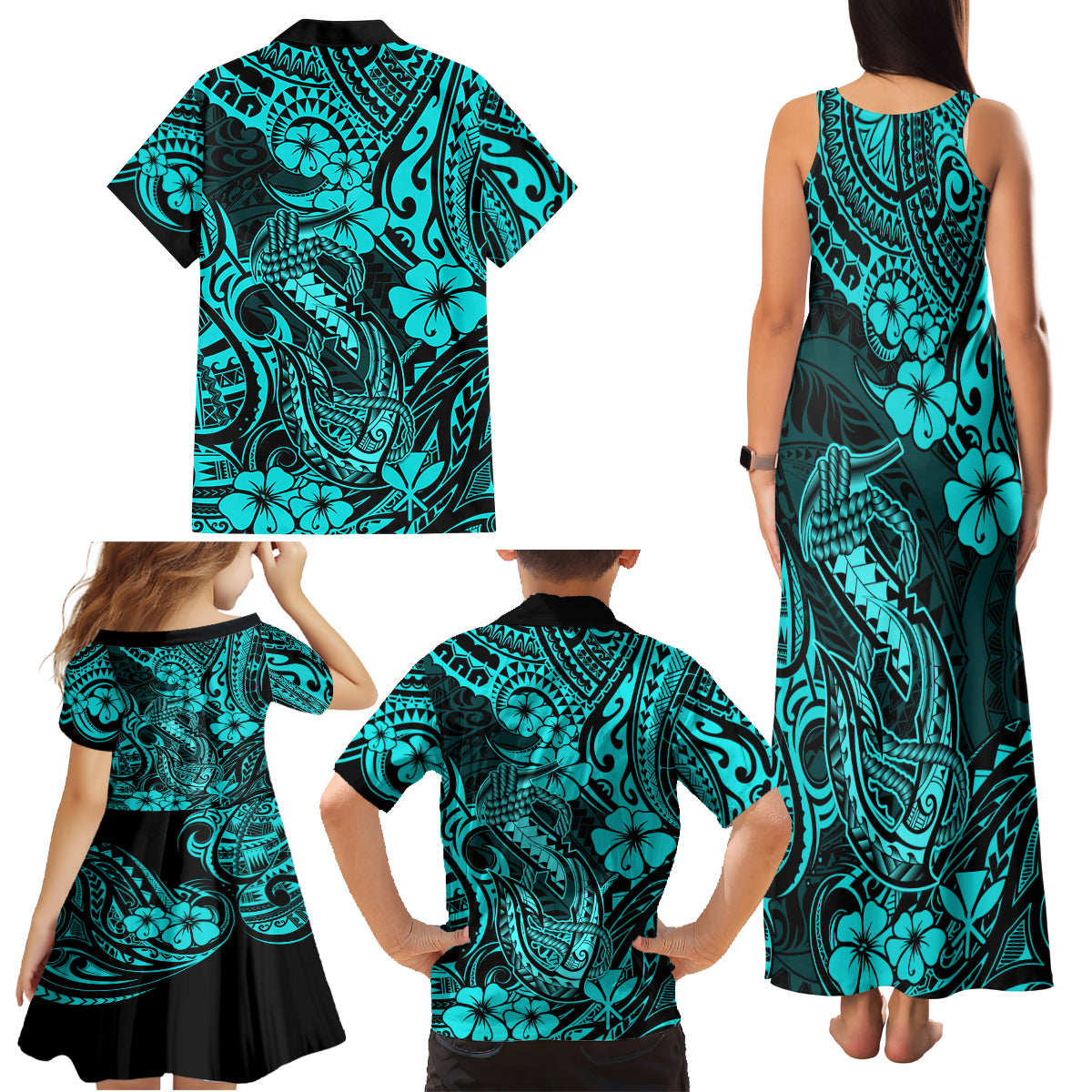 Hawaii Fish Hook Family Matching Tank Maxi Dress and Hawaiian Shirt Hibiscus Hawaii Tribal Tattoo Turquoise Version - Wonder Print Shop