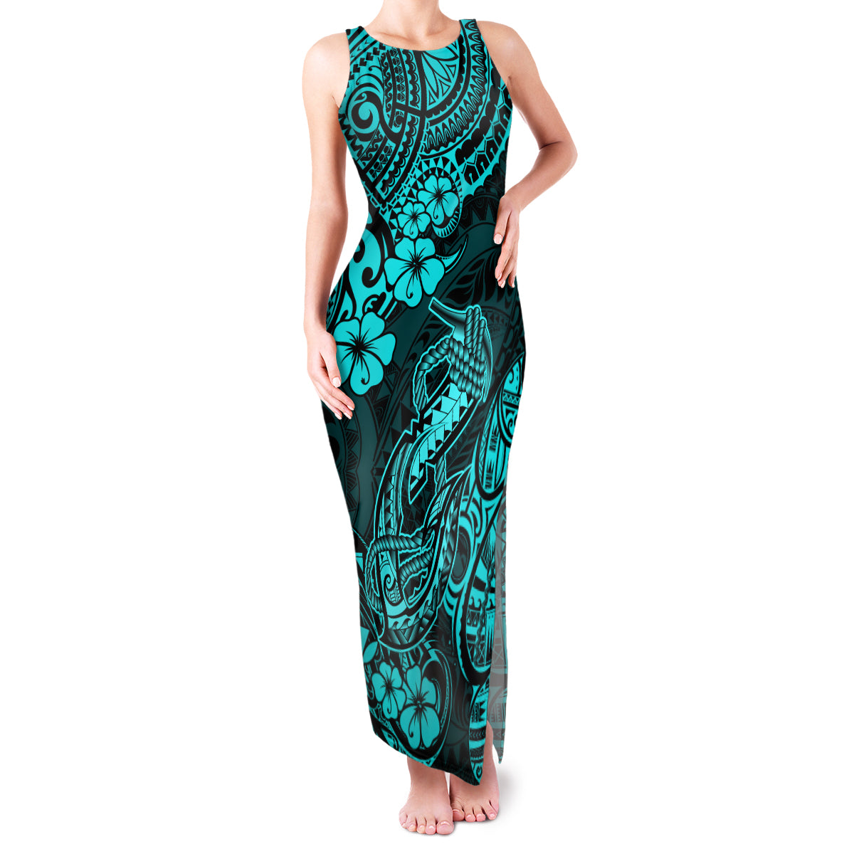 Hawaii Fish Hook Family Matching Tank Maxi Dress and Hawaiian Shirt Hibiscus Hawaii Tribal Tattoo Turquoise Version - Wonder Print Shop