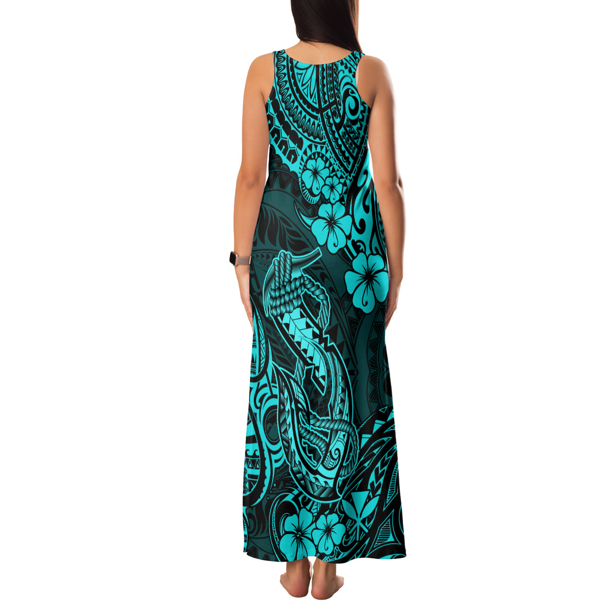 Hawaii Fish Hook Family Matching Tank Maxi Dress and Hawaiian Shirt Hibiscus Hawaii Tribal Tattoo Turquoise Version - Wonder Print Shop
