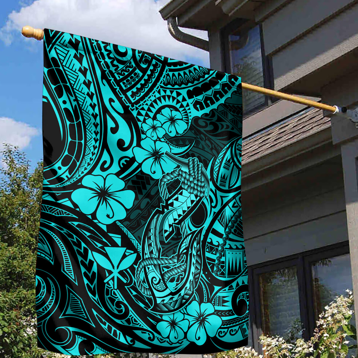 Hawaii Fish Hook Garden Flag Hibiscus Hawaii Tribal Tattoo Turquoise Version - Wonder Print Shop