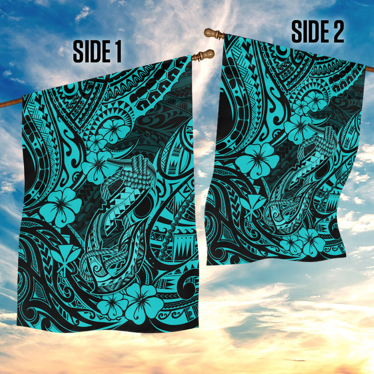 Hawaii Fish Hook Garden Flag Hibiscus Hawaii Tribal Tattoo Turquoise Version - Wonder Print Shop