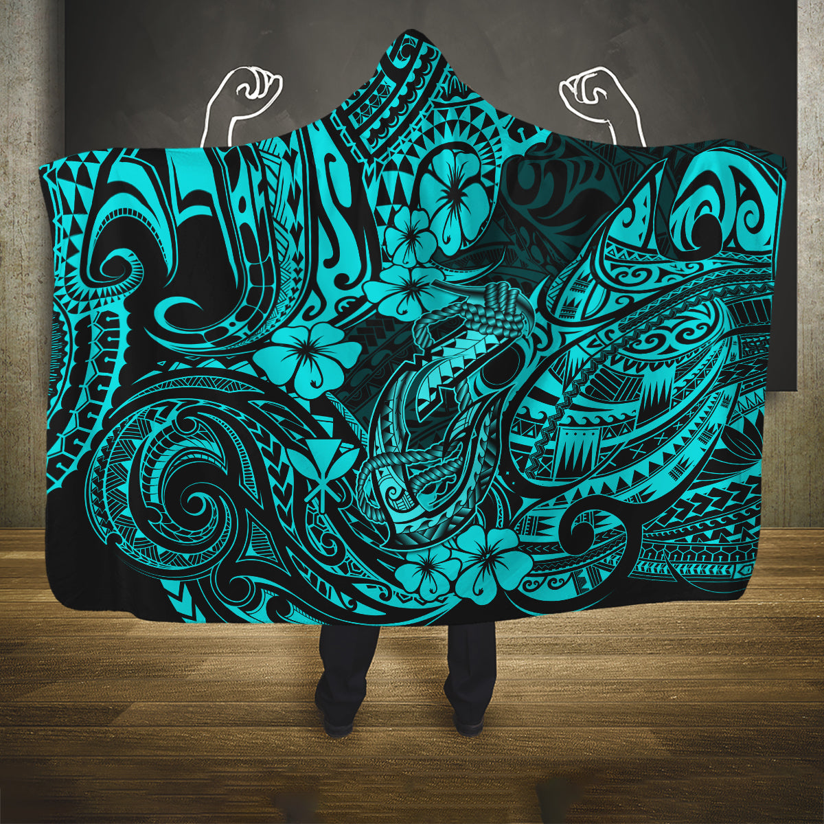 hawaii-fish-hook-hooded-blanket-hibiscus-hawaii-tribal-tattoo-turquoise-version
