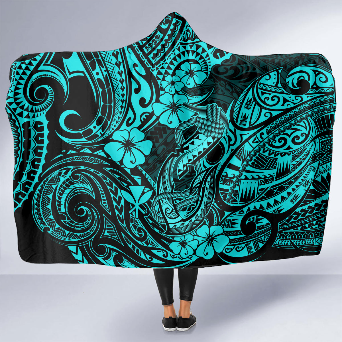 hawaii-fish-hook-hooded-blanket-hibiscus-hawaii-tribal-tattoo-turquoise-version