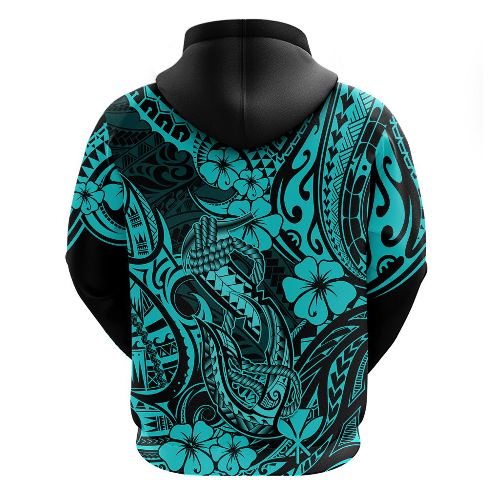 Hawaii Fish Hook Hoodie Hibiscus Hawaii Tribal Tattoo Turquoise Version - Wonder Print Shop