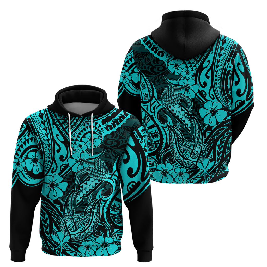 Hawaii Fish Hook Hoodie Hibiscus Hawaii Tribal Tattoo Turquoise Version - Wonder Print Shop