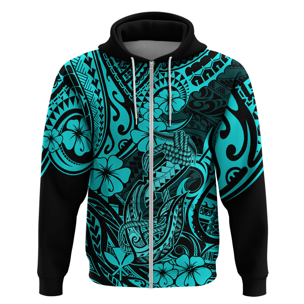 Hawaii Fish Hook Hoodie Hibiscus Hawaii Tribal Tattoo Turquoise Version - Wonder Print Shop