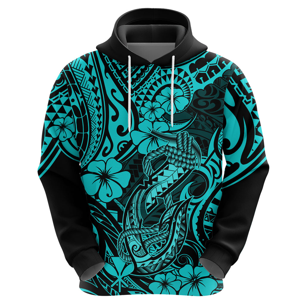 Hawaii Fish Hook Hoodie Hibiscus Hawaii Tribal Tattoo Turquoise Version - Wonder Print Shop