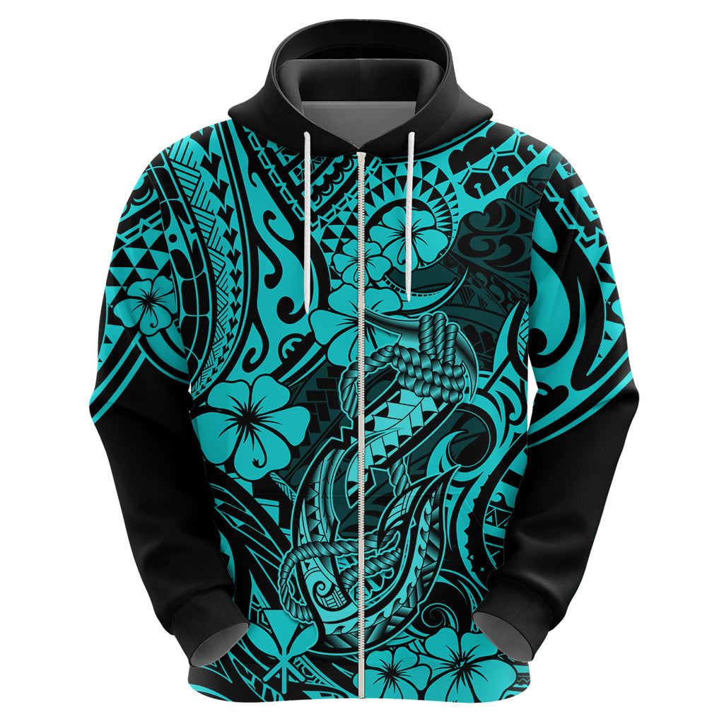 Hawaii Fish Hook Hoodie Hibiscus Hawaii Tribal Tattoo Turquoise Version - Wonder Print Shop