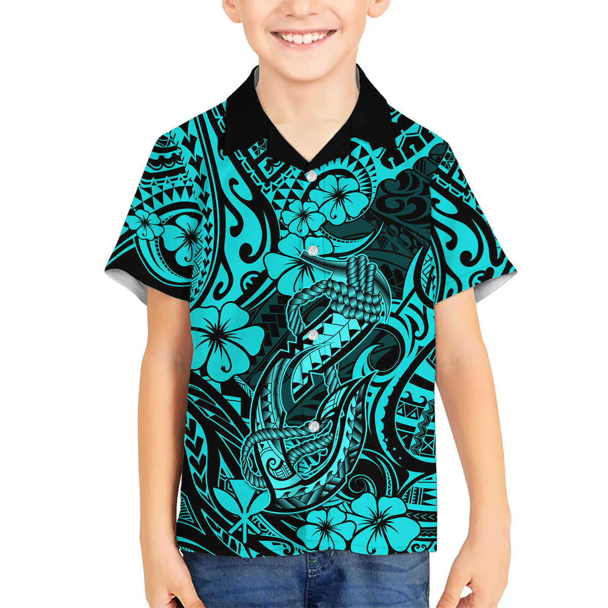 Hawaii Fish Hook Kid Hawaiian Shirt Hibiscus Hawaii Tribal Tattoo Turquoise Version - Wonder Print Shop