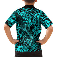Hawaii Fish Hook Kid Hawaiian Shirt Hibiscus Hawaii Tribal Tattoo Turquoise Version - Wonder Print Shop