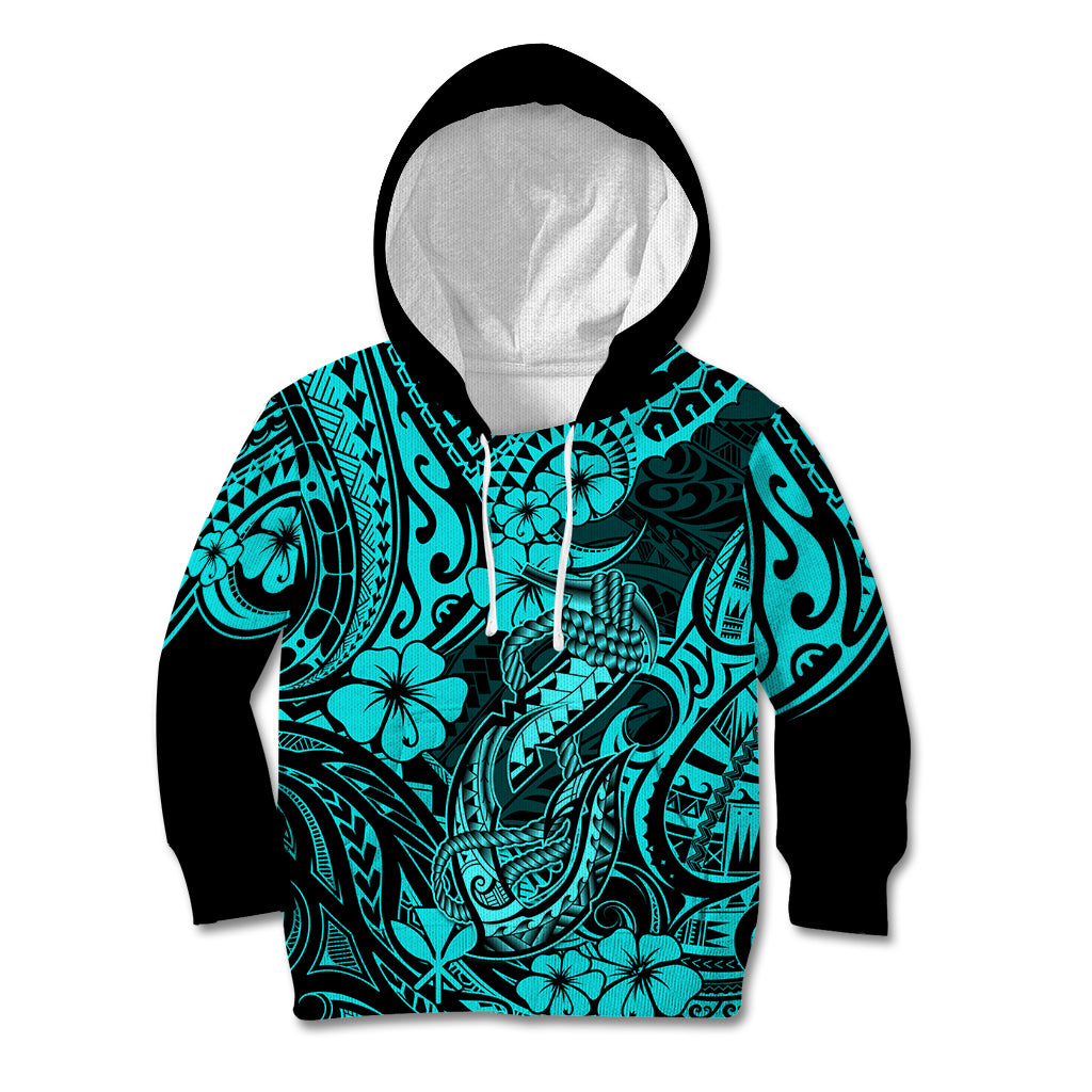 Hawaii Fish Hook Kid Hoodie Hibiscus Hawaii Tribal Tattoo Turquoise Version - Wonder Print Shop