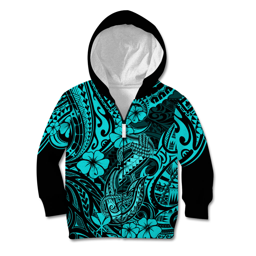 Hawaii Fish Hook Kid Hoodie Hibiscus Hawaii Tribal Tattoo Turquoise Version - Wonder Print Shop