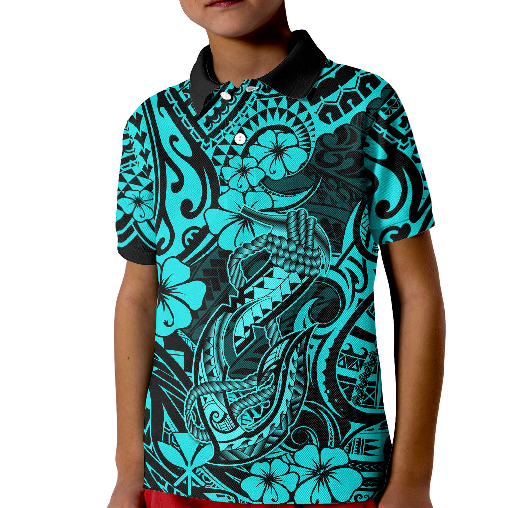 Hawaii Fish Hook Kid Polo Shirt Hibiscus Hawaii Tribal Tattoo Turquoise Version - Wonder Print Shop