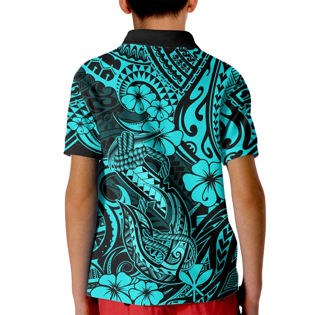 Hawaii Fish Hook Kid Polo Shirt Hibiscus Hawaii Tribal Tattoo Turquoise Version - Wonder Print Shop