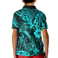 Hawaii Fish Hook Kid Polo Shirt Hibiscus Hawaii Tribal Tattoo Turquoise Version - Wonder Print Shop
