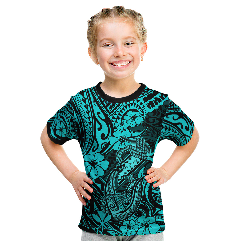 Hawaii Fish Hook Kid T Shirt Hibiscus Hawaii Tribal Tattoo Turquoise Version - Wonder Print Shop