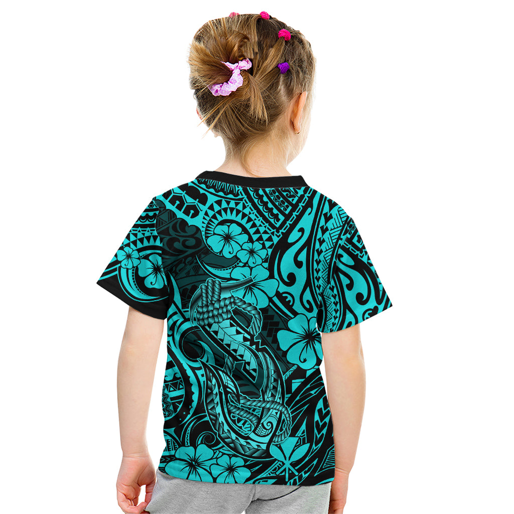 Hawaii Fish Hook Kid T Shirt Hibiscus Hawaii Tribal Tattoo Turquoise Version - Wonder Print Shop