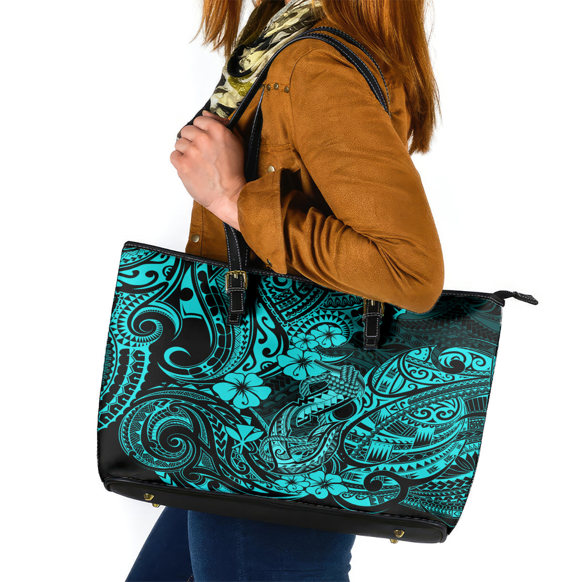 Hawaii Fish Hook Leather Tote Bag Hibiscus Hawaii Tribal Tattoo Turquoise Version - Wonder Print Shop