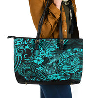 Hawaii Fish Hook Leather Tote Bag Hibiscus Hawaii Tribal Tattoo Turquoise Version - Wonder Print Shop