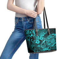 Hawaii Fish Hook Leather Tote Bag Hibiscus Hawaii Tribal Tattoo Turquoise Version - Wonder Print Shop