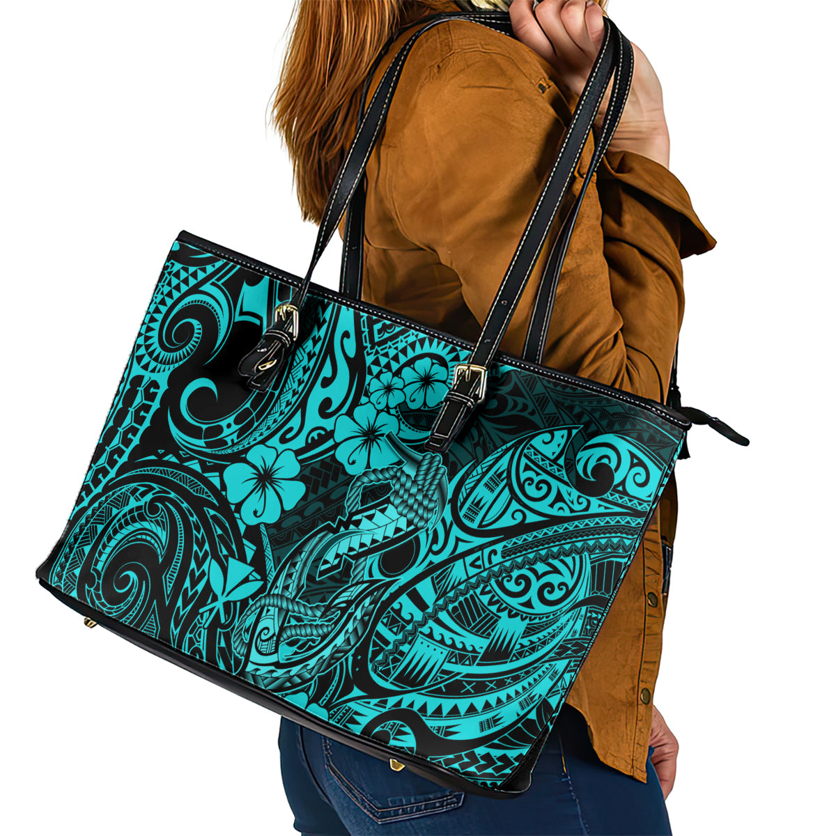 Hawaii Fish Hook Leather Tote Bag Hibiscus Hawaii Tribal Tattoo Turquoise Version - Wonder Print Shop